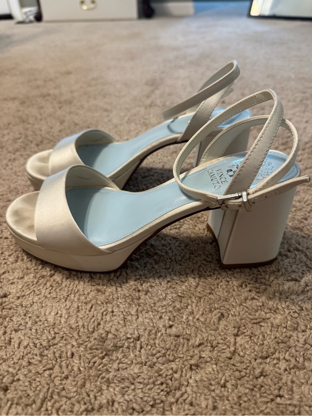 Vince Camuto Ivory Satin Platform Block Heels